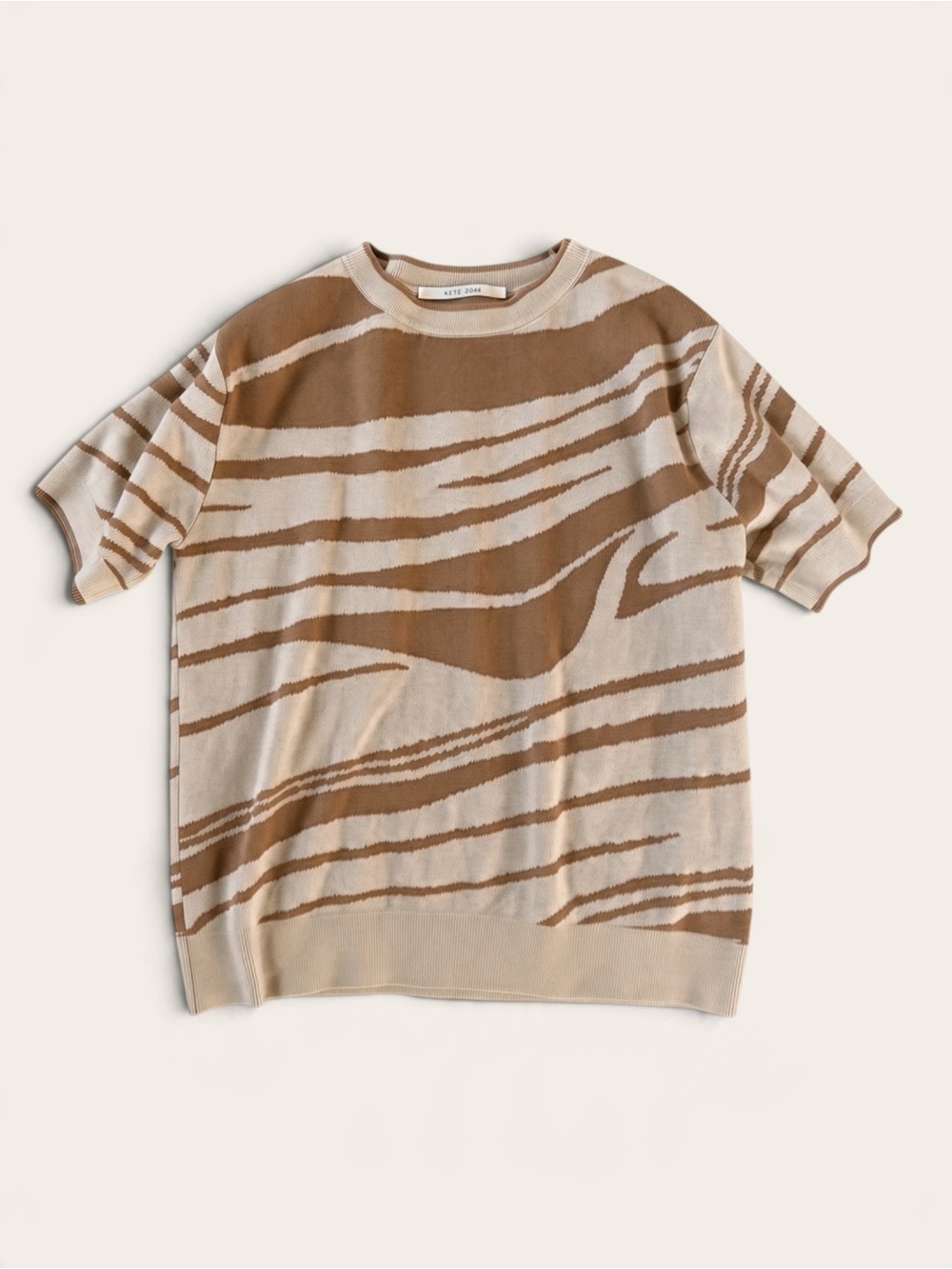 Neutral Abstract Animal Print Short Sleeve Knit Top Sweater Brown Cream
